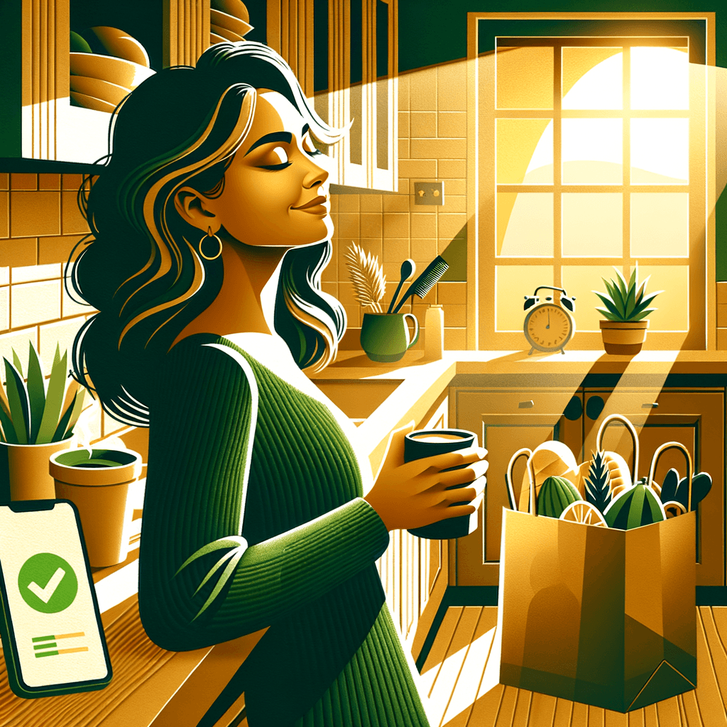 A woman relaxing in her kitchen with coffee while groceries are handled